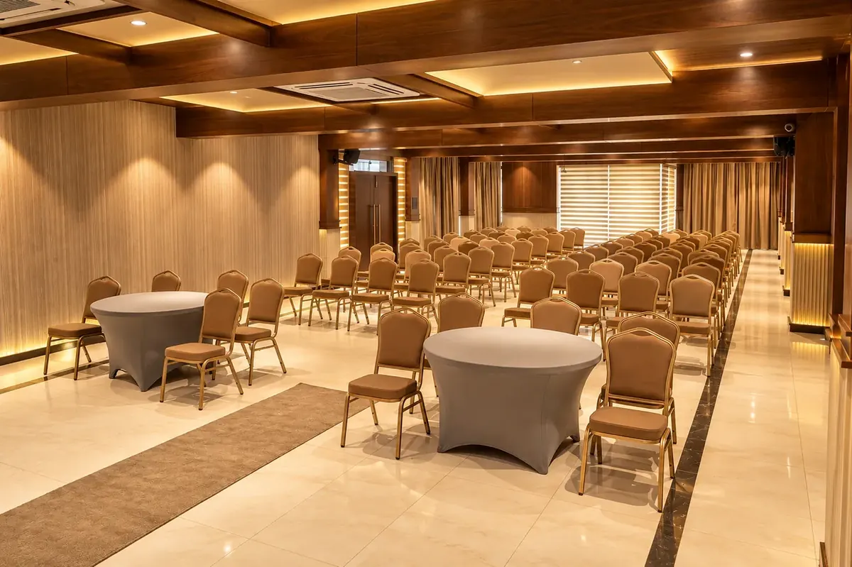 Flexible banquet room arrangement with round tables, dressed chairs, and corporate lighting